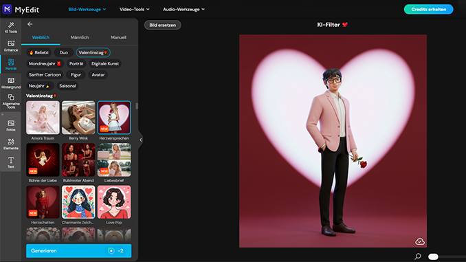 MyEdit erweitert KI‑Filter zum Valentinstag (Screenshot)